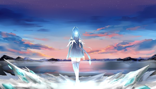 Anime picture 3507x2007 with original pixiv fantasia pixiv fantasia t ttc single long hair highres wide image standing absurdres sky cloud (clouds) wind from behind aqua hair magic evening sunset mountain landscape