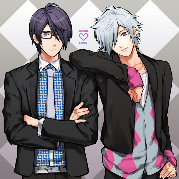 Anime picture 1000x1000 with brothers conflict idea factory asahina tsubaki asahina azusa ichinose777 purple eyes silver hair purple hair one eye closed light smile wink mole multiple boys hand on hip mole under eye piercing crossed arms siblings twins checkered background