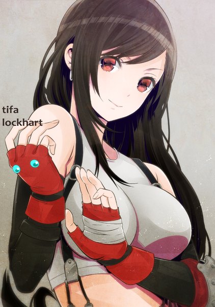 Anime picture 907x1289 with final fantasy final fantasy vii square enix tifa lockhart kuso bba single long hair tall image looking at viewer fringe breasts simple background red eyes brown hair large breasts light smile bare belly from below character names girl