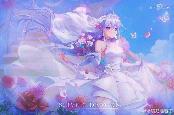 Anime picture 6464x4265 with douluo continent gu yuena lingnai shuizhao liao single long hair blush fringe highres breasts smile hair between eyes purple eyes signed payot looking away absurdres sky silver hair cloud (clouds) ahoge