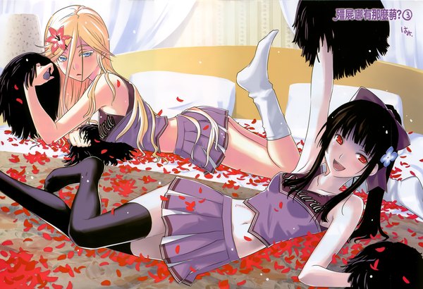 Anime picture 2224x1522 with sankarea studio deen sanka rea hattori mitsuru long hair highres open mouth blue eyes black hair blonde hair red eyes multiple girls ponytail hair flower official art girl thighhighs skirt navel hair ornament