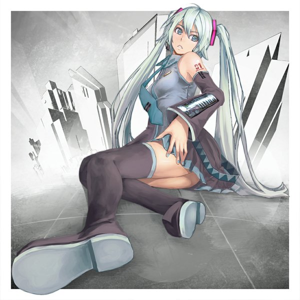 Anime picture 1100x1100 with vocaloid hatsune miku kibanda gohan single long hair open mouth light erotic sitting twintails looking away nail polish pleated skirt aqua eyes aqua hair hand on hip girl skirt detached sleeves necktie thigh boots