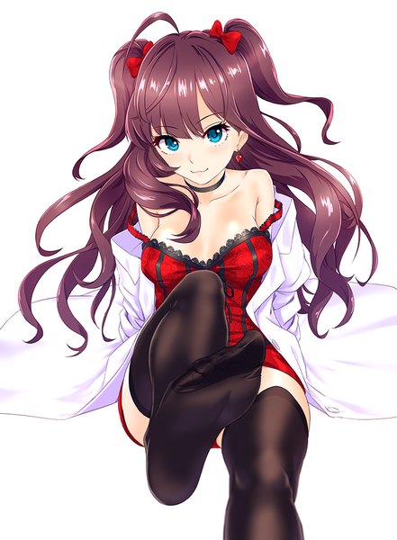 Anime picture 800x1089 with idolmaster idolmaster cinderella girls ichinose shiki infinote single long hair tall image looking at viewer blue eyes light erotic simple background white background purple hair two side up legs girl thighhighs dress bow black thighhighs