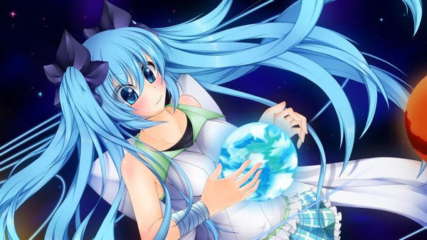 Anime picture 1920x1080 with vocaloid hatsune miku single blush highres wide image twintails bare shoulders blue hair very long hair space girl bow hair bow bandage (bandages) vest planet earth