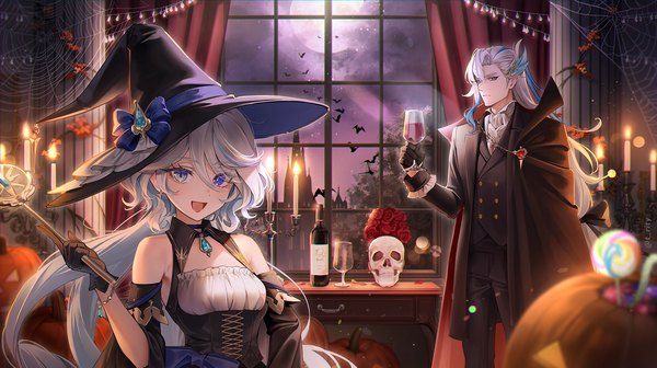 Anime picture 1980x1108 with genshin impact furina (genshin impact) neuvillette (genshin impact) rity long hair looking at viewer highres open mouth blue eyes wide image standing silver hair indoors :d pointy ears heterochromia halloween girl boy gloves