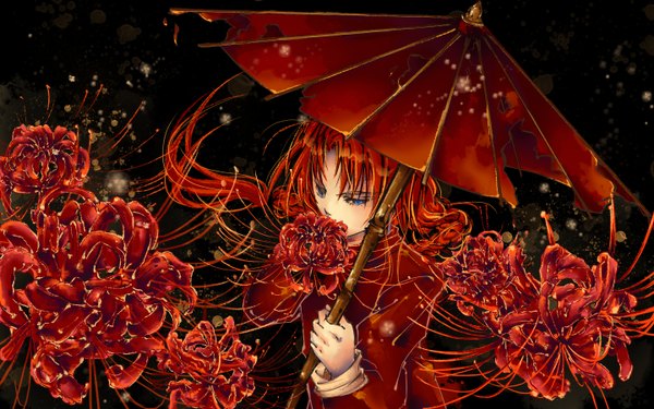 Аниме картинка 2880x1800 с гинтама sunrise (studio) kamui (gintama) jellyfishome один (одна) длинные волосы высокое разрешение голубые глаза широкое изображение смотрит в сторону красные волосы коса (косы) китайская одежда грусть мужчина цветок (цветы) зонт китайское платье цветок равноденствия