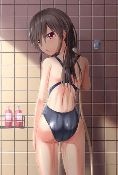 Anime picture 806x1200 with original takuya kame single long hair tall image light erotic black hair pink eyes looking back back girl swimsuit