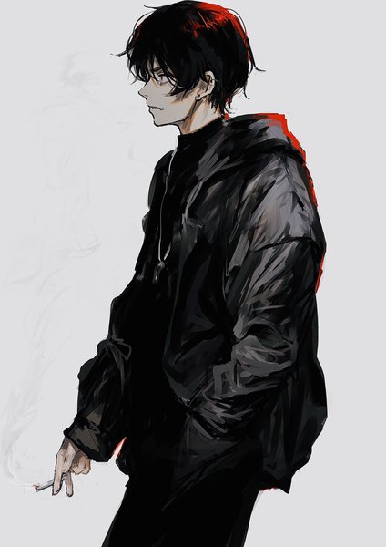 Anime picture 2894x4093 with original suechiee single tall image highres short hair black hair simple background red eyes looking away profile grey background smoke hand in pocket angry boy jacket cigarette