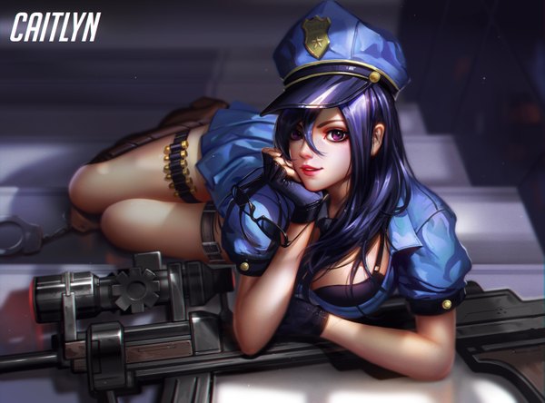 Anime picture 6000x4446 with league of legends caitlyn (league of legends) officer caitlyn liang xing single long hair looking at viewer fringe highres light erotic hair between eyes purple eyes blue hair absurdres full body bent knee (knees) lying parted lips lips realistic