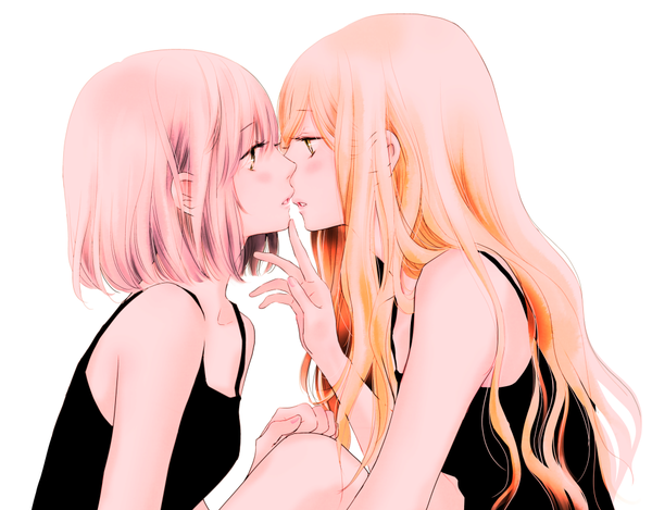 Anime picture 1000x783 with original yorimiyu long hair blush fringe short hair blonde hair simple background hair between eyes white background bare shoulders multiple girls yellow eyes looking away pink hair upper body bent knee (knees) blunt bangs parted lips profile