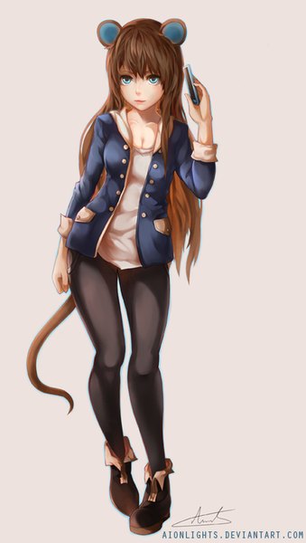 Anime picture 452x800 with original aionlights single long hair tall image looking at viewer fringe blue eyes simple background brown hair standing animal ears tail animal tail open clothes open jacket pink background mouse ears mouse tail mouse girl
