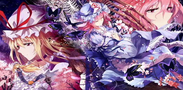 Anime picture 1350x667 with touhou yakumo yukari saigyouji yuyuko neko (yanshoujie) long hair short hair blonde hair red eyes wide image multiple girls pink hair skeleton girl dress 2 girls petals insect butterfly bonnet