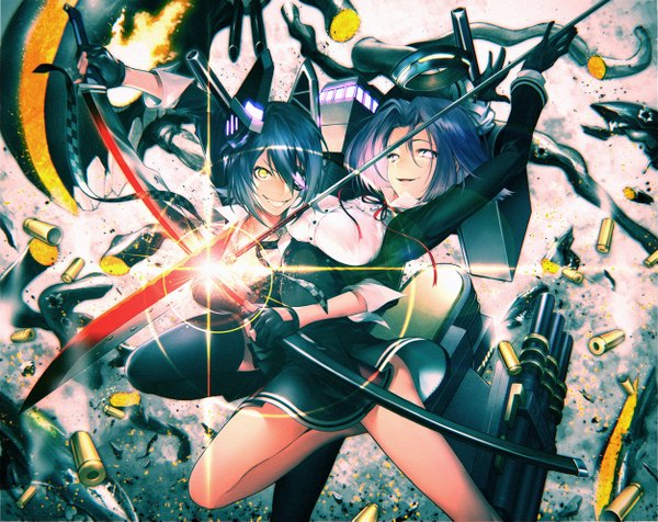 Anime picture 1252x995 with kantai collection tenryuu light cruiser tatsuta light cruiser kodama (wa-ka-me) short hair black hair smile multiple girls yellow eyes purple hair lens flare battle girl dress gloves hair ornament weapon 2 girls sword fingerless gloves