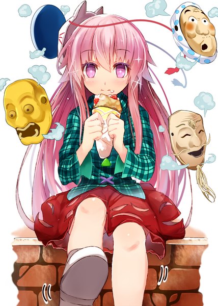Anime picture 714x1000 with touhou hata no kokoro efe single long hair tall image looking at viewer blush fringe hair between eyes white background sitting pink hair pink eyes sparkle eating mask on head food on face girl food