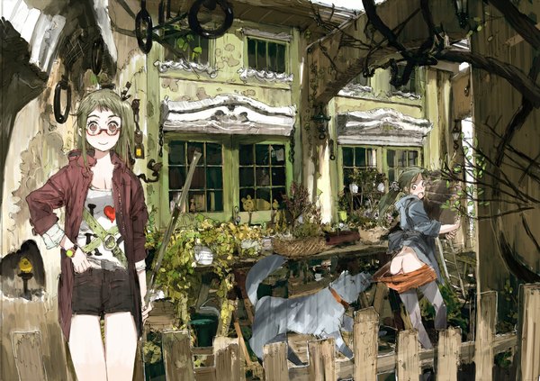 Anime picture 1146x809 with original humi (artist) open mouth light erotic ass outdoors looking back grey hair plant (plants) animal tree (trees) glasses shorts window clock coat dog house pocket watch