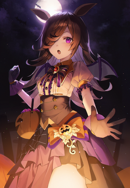 Anime picture 3119x4500 with umamusume rice shower (umamusume) rice shower (make up vampire!) (umamusume) knowa single long hair tall image looking at viewer fringe highres open mouth brown hair purple eyes animal ears absurdres outdoors hair over one eye night :o short sleeves