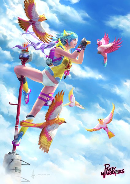 Anime picture 1202x1700 with panty warriors (poibuts) poibuts single long hair tall image light erotic standing twintails signed blue hair looking away sky purple hair cloud (clouds) bent knee (knees) profile multicolored hair arm up copyright name lipstick