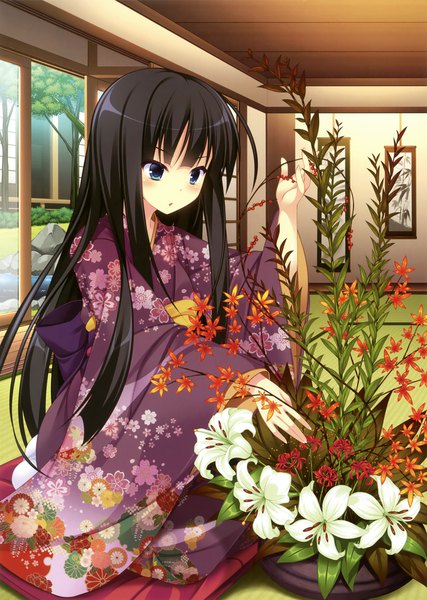 Anime picture 2494x3500 with original roshin single long hair tall image blush highres blue eyes black hair sitting looking away indoors traditional clothes japanese clothes scan seiza girl flower (flowers) kimono lily (flower)