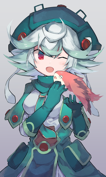 Anime picture 600x1000 with made in abyss kinema citrus prushka sasa onigiri single tall image short hair open mouth simple background red eyes standing silver hair upper body one eye closed multicolored hair grey background two-tone hair ;d girl gloves