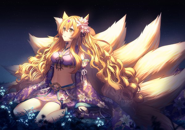 Anime picture 1200x848 with kawaii nihongo riko (kawaii nihongo) rosuuri single blonde hair sitting animal ears looking away tail very long hair parted lips animal tail hair flower wide sleeves midriff fox ears floral print fox tail fox girl wavy hair