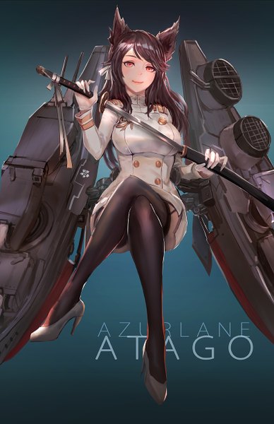 Anime picture 792x1224 with azur lane atago (azur lane) cglas single long hair tall image looking at viewer fringe breasts black hair simple background red eyes sitting animal ears mole high heels copyright name character names mole under eye crossed legs