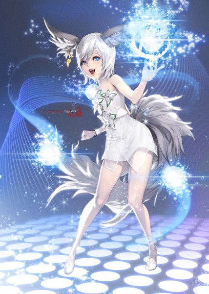 Anime picture 1250x1750 with blade & soul lyn (blade & soul) nightmadness single tall image short hair open mouth blue eyes animal ears silver hair animal tail legs magic flat chest girl dress earrings shoes bracelet white dress