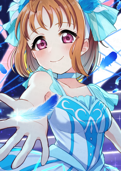 Anime picture 2121x3000 with love live! sunshine!! sunrise (studio) love live! takami chika kyaku tatsu single tall image looking at viewer blush fringe highres short hair smile standing bare shoulders signed ahoge pink eyes orange hair outstretched hand