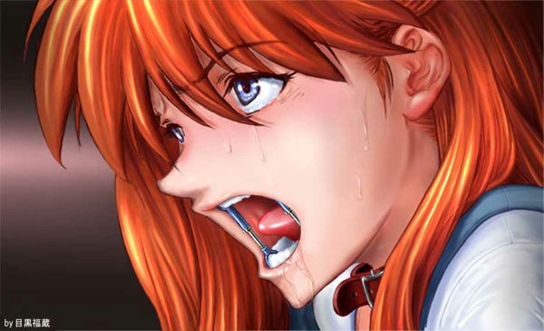 Anime picture 1182x720 with neon genesis evangelion gainax soryu asuka langley long hair open mouth blue eyes wide image red hair close-up girl collar gag
