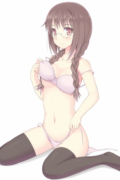 Anime picture 667x1000 with original ihara asta single long hair tall image blush light erotic black hair simple background red eyes white background braid (braids) underwear only girl thighhighs underwear panties black thighhighs glasses