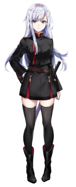 Anime picture 546x1339 with original arisaka ako single long hair tall image looking at viewer fringe breasts simple background hair between eyes standing white background silver hair full body long sleeves light smile zettai ryouiki hand on hip silver eyes sheathed