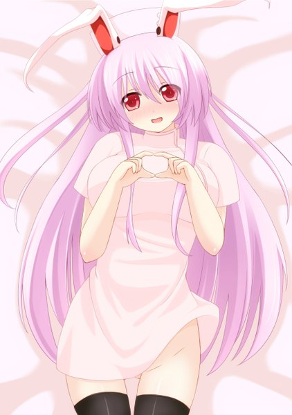 Anime picture 907x1290 with touhou reisen udongein inaba chimunge single long hair tall image looking at viewer blush open mouth light erotic red eyes animal ears pink hair bunny ears bunny girl nurse girl thighhighs black thighhighs nurse cap