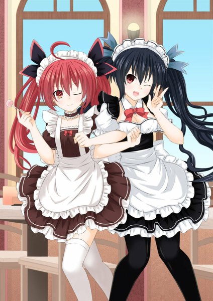 Anime picture 752x1063 with date a live tokisaki kurumi itsuka kotori tsukaze long hair tall image looking at viewer fringe open mouth black hair smile red eyes twintails multiple girls ahoge bent knee (knees) red hair indoors one eye closed wink