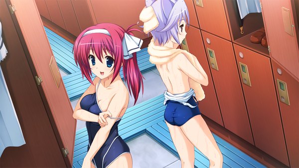 イラスト 1024x576 と ラブライド・イヴ nashiduki sarasa mutsumi masato 短い髪 青い目 light erotic 赤い目 wide image multiple girls game cg purple hair 赤髪 towel around neck 女の子 2人女子 水着 タオル