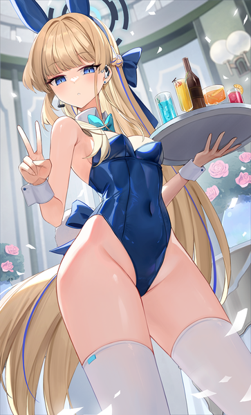 Anime picture 1200x1982 with blue archive toki (blue archive) toki (bunny) (blue archive) laevan single long hair tall image looking at viewer blush fringe breasts blue eyes light erotic blonde hair standing bare shoulders animal ears tail blunt bangs animal tail