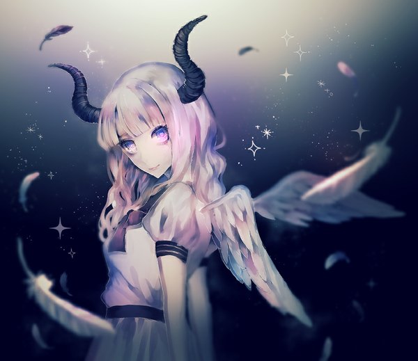 Anime picture 809x700 with original yumeno yume single long hair looking at viewer pink hair silver hair pink eyes multicolored hair horn (horns) pale skin angel wings girl dress wings feather (feathers)
