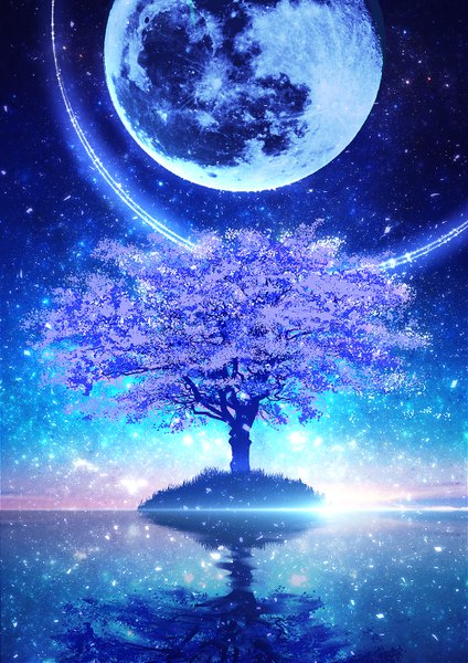 Anime picture 1000x1414 with original smile (qd4nsvik) tall image night night sky cherry blossoms reflection no people scenic plant (plants) tree (trees) moon star (stars) full moon