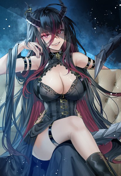 Anime picture 800x1162 with original chocho (homelessfox) single long hair tall image looking at viewer blush fringe breasts light erotic black hair smile hair between eyes red eyes large breasts sitting bare shoulders payot cleavage cloud (clouds)