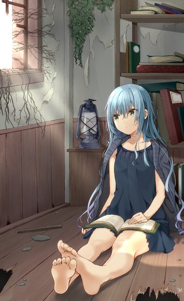 Anime picture 1400x2291 with original tarachine single long hair tall image fringe hair between eyes sitting green eyes signed blue hair looking away full body indoors barefoot sunlight torn clothes dated clothes on shoulders overgrown