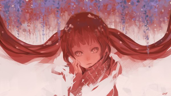 Anime picture 1366x768 with original jn3 single long hair looking at viewer fringe red eyes wide image twintails red hair girl flower (flowers) scarf