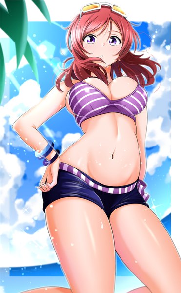 Anime picture 1037x1676 with love live! school idol project sunrise (studio) love live! nishikino maki kirisaki reina single long hair tall image looking at viewer blush breasts light erotic large breasts standing purple eyes payot sky cloud (clouds) outdoors red hair
