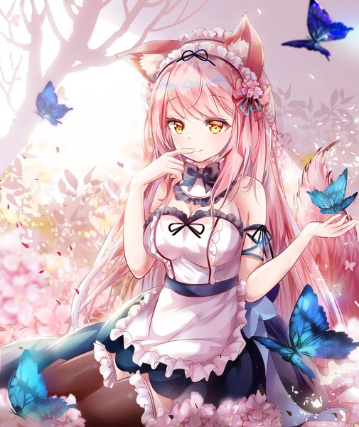 Anime picture 1650x1960 with original mutang single long hair tall image looking at viewer fringe breasts smile sitting bare shoulders animal ears yellow eyes payot pink hair cleavage outdoors tail braid (braids) animal tail