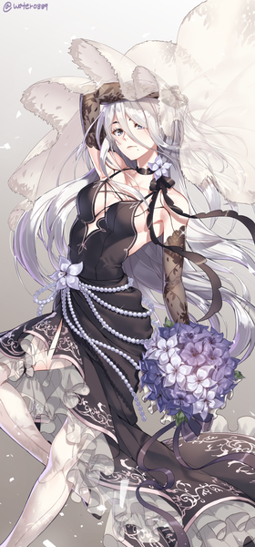 Anime picture 1500x3214 with nier nier:automata yorha type a no. 2 water0889 single long hair tall image looking at viewer fringe light erotic simple background hair between eyes standing purple eyes holding signed silver hair arm up mole sparkle