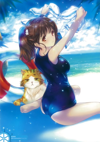 Anime picture 2701x3840 with high school fleet shiretoko rin min-naraken single tall image looking at viewer blush highres short hair light erotic brown hair twintails brown eyes sky cloud (clouds) scan official art beach short twintails girl