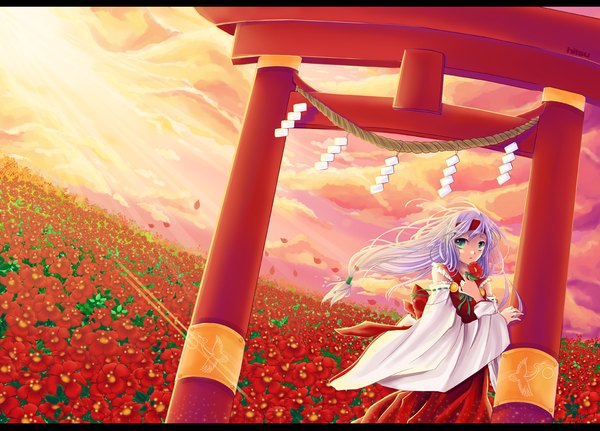 Anime picture 1181x850 with hitsukuya single long hair green eyes sky purple hair cloud (clouds) sunlight girl dress flower (flowers) petals sun torii