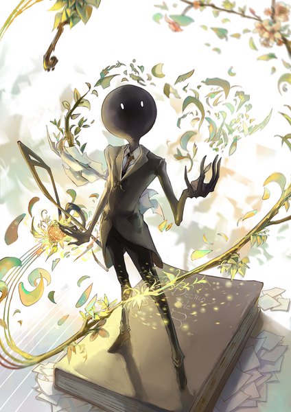 Anime picture 1000x1414 with deemo deemo (character) sishenfan single tall image standing copyright name character names looking up no people outstretched hand abstract book (books) leaf (leaves) suit paper musical note creature