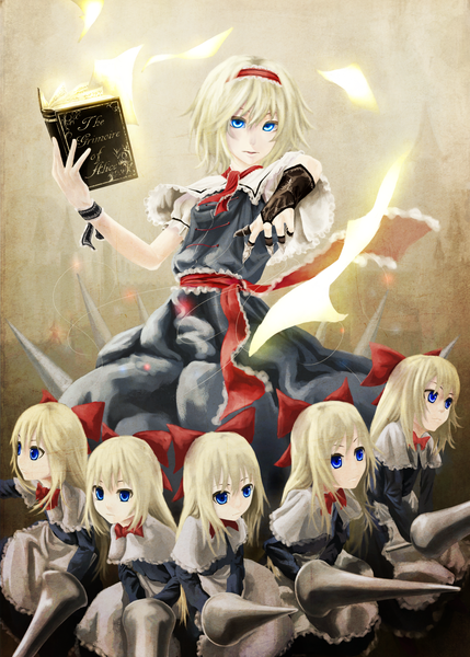 Anime picture 1429x2000 with touhou alice margatroid akaikitsune long hair tall image short hair blue eyes blonde hair pointing girl dress hair ornament ribbon (ribbons) bow weapon hair bow hairband bowtie fingerless gloves book (books)