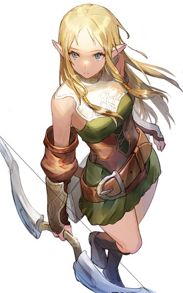 Anime-Bild 500x800 mit original kawaguchi (mojacome) single long hair tall image blue eyes simple background blonde hair white background looking away full body from above pointy ears girl weapon belt bow (weapon)
