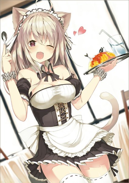 Anime picture 706x1000 with original yuui hutabakirage single long hair tall image looking at viewer breasts open mouth blonde hair brown eyes animal ears ahoge tail animal tail one eye closed wink cat ears teeth maid cat tail