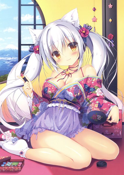 Anime picture 2342x3300 with original eshi 100-nin ten miyasaka miyu single long hair tall image looking at viewer blush fringe highres breasts light erotic hair between eyes twintails bare shoulders animal ears yellow eyes cleavage white hair tail