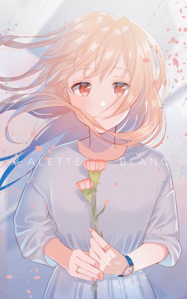 Anime picture 752x1200 with original alette blanc myusha single long hair tall image looking at viewer blush fringe blonde hair standing holding brown eyes payot upper body long sleeves nail polish fingernails light smile blurry